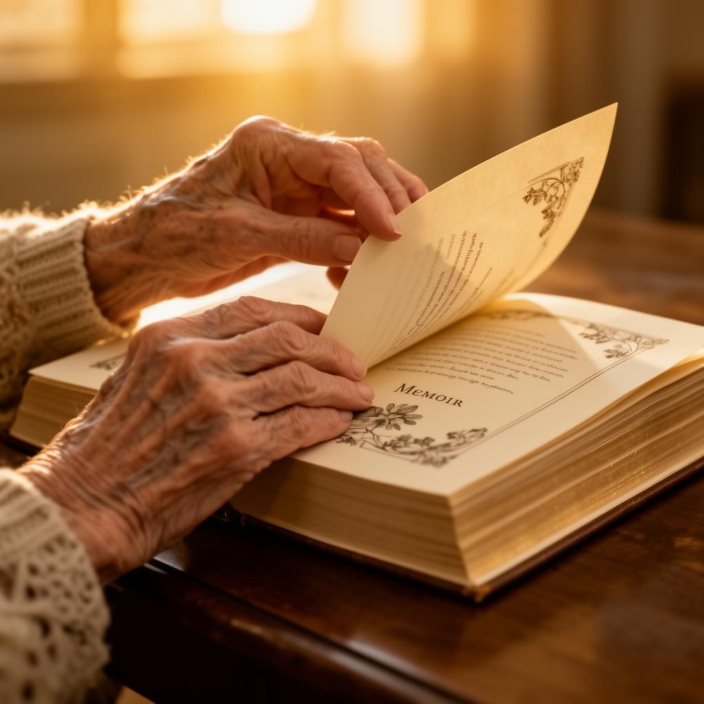 Elderly hands turning the page of a memoir book